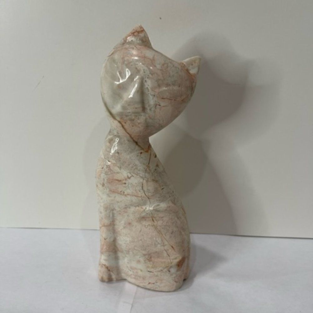 Marble Cat Figurine Large Pink & White Carved Stone  7" by 3" by 1.5" Excellent